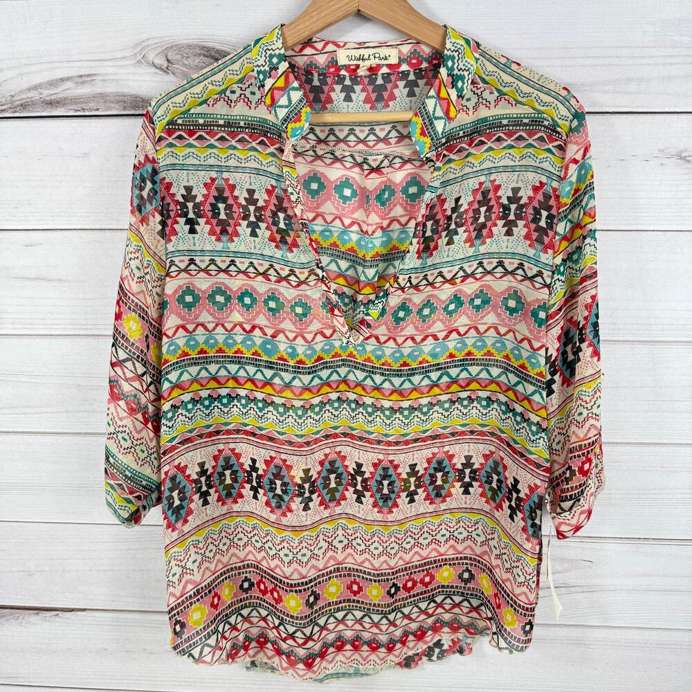 Wishful Park Women's V Neck Sheer Blouse Multicolor NWT‎ Size M
